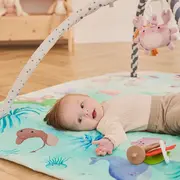 Salteluta interactiva, Lionelo, Anika, 8 jucarii senzoriale, detasabile, fosnaitoare, logopedice, Lavabila la masina, Husa din bambus, 116x112 cm, Multicolor BYNLO-ANIKA_NATURAL