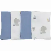 Set 4 lavete, Bubaba, Din muselina, Dimensiune 40x40 cm, Pentru spalarea si ingrijirea fetei si a corpului bebelusului dupa masa sau baita, Blue Ship BYN87752