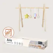 Arcada de activitati Montessori, Lionelo, Anis, Din lemn de pin, Jucarii plus, 4 jucarii suspendate, Stimuleaza simturile, Pliere rapida, 0+ luni, Multicolor BYNLO-ANIS
