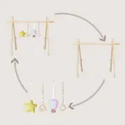 Arcada de activitati Montessori, Lionelo, Anis, Din lemn de pin, Jucarii plus, 4 jucarii suspendate, Stimuleaza simturile, Pliere rapida, 0+ luni, Multicolor BYNLO-ANIS