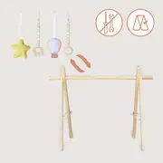 Arcada de activitati Montessori, Lionelo, Anis, Din lemn de pin, Jucarii plus, 4 jucarii suspendate, Stimuleaza simturile, Pliere rapida, 0+ luni, Multicolor BYNLO-ANIS