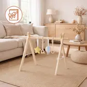 Arcada de activitati Montessori, Lionelo, Anis, Din lemn de pin, Jucarii plus, 4 jucarii suspendate, Stimuleaza simturile, Pliere rapida, 0+ luni, Multicolor BYNLO-ANIS