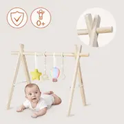 Arcada de activitati Montessori, Lionelo, Anis, Din lemn de pin, Jucarii plus, 4 jucarii suspendate, Stimuleaza simturile, Pliere rapida, 0+ luni, Multicolor BYNLO-ANIS