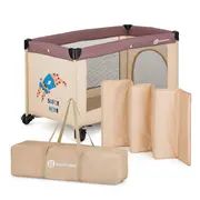 Patut pliant, Petite&Mars, Koot, 120 x 60 cm, Cu roti, Functie de tarc, Pliere compacta, Include geanta de transport, Intrare laterala cu fermoar, Pereti din plasa, Pana la 15 kg, 0-30 luni, Maro BYN921483