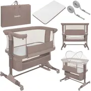 Patut co-sleeper, Lionelo, Jodie, Multifunctional, Reglabil in 6 pozitii pe inaltime, Saltea cu densitate T25, Functie de leganare, Cu plasa de tantari, Buzunar depozitare, Geanta transport, 84x48x70-80 cm, Taupe BYNLO-JODIE_BEIGE_TAUPE