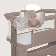 Patut co-sleeper, Lionelo, Jodie, Multifunctional, Reglabil in 6 pozitii pe inaltime, Saltea cu densitate T25, Functie de leganare, Cu plasa de tantari, Buzunar depozitare, Geanta transport, 84x48x70-80 cm, Taupe BYNLO-JODIE_BEIGE_TAUPE