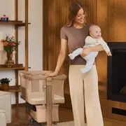 Patut co-sleeper, Lionelo, Jodie, Multifunctional, Reglabil in 6 pozitii pe inaltime, Saltea cu densitate T25, Functie de leganare, Cu plasa de tantari, Buzunar depozitare, Geanta transport, 84x48x70-80 cm, Taupe BYNLO-JODIE_BEIGE_TAUPE