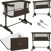 Patut co-sleeper, Lionelo, Pari, Multifunctional, Cu leganare, Reglabil in 6 pozitii pe inaltime, Saltea cu densitate T25, Geanta transport, 84x48x70-80 cm, Maro BYNLO-PARI_BROWN_CHOCOLATE