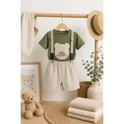 Donino, set pantalonasi cu tricou verde si bretele by90067-1
