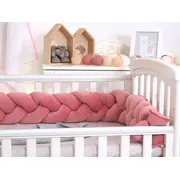 Aparatoare Laterala Pat Bumper Impletit, Cu Inchidere Velcro, Bumbac Velvet Roz, 180x21 Cm Pjb63760