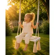 Leagan Copii Babysteps   Woodswing, Lemn, Spuma  Velvet Ecru Premium, Design Scandinav, Pana La 100 Kg Pjbc53113