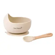 Bol Anti-alunecare Din Silicon Alimentar Si Lingurita, Set De 2 Piese Pentru Diversificare, Sand Pjb17396