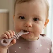 Furculita Si Lingura Babysteps   2in1, Silicon Alimentar 100%, Fara Bpa, Bps, Pvc Si Ftalati, Rose Pjbfl_r