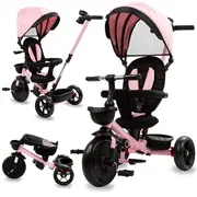 Tricicleta Pentru Copii Kidwell Axel Gri Cu Sezut Rotativ, Roti Din Spuma Eva, Suport Pentru Picioare, Control Parental, Suport Pentru Pahar, Centura De Siguranta, Greutate Admisa 25 Kg, Roz Pjbrotraxe01a0