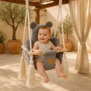 Leagan Pentru Copii Si Bebelusi, Centuri De Siguranta, Catifea Reiata, Perna Ursulet Aesthetic Grey, Meowbaby Pjbahbsog01