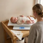Cantar electronic, Petite&Mars, 2 in 1, Multifunctional, Panou cu touch, Pentru bebelusi si adulti, Pana 180 kg, Alb BYN682025