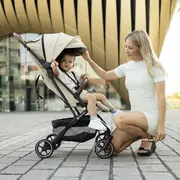 Carucior sport, Petite&Mars, Fly, Pliere compacta, Spatar reglabil pana la pozitie de somn, Suport picioare reglabil, Copertina extensibila cu protectie UPF40+, Suport pahar inclus, Pana la 22 kg, 0 luni+, Bej BYN554763