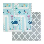 Covoras educativ, Petite&Mars, Campy S, Din spuma XPE non-toxica, Cu doua fete, Suprafata antiderapanta, 120x120 cm, Pliabil compact 40&times;30&times;13 cm, Model animalute si forme geometrice BYN433077