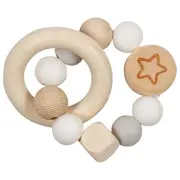 Jucarie de motricitate zornaitoare elastica din lemn cu inel si margele mari star, pentru bebelusi - okegoki65242