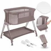 Patut co-sleeper, Lionelo, Luna, 2 in 1, Cu laterala culisanta, Cu setare unghiulara, Cu roti, Reglabil in 6 pozitii pe inaltime, Bej inchis BYNLO-LUNA_BEIGE_TAUPE
