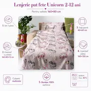 Lenjerie pat fete Unicorn 2-12 ani pentru saltele 160x80 ASC6427968000271