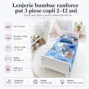 Lenjerie bumbac ranforce pat 3 piese copii 2-12 ani Tom&Jerry Blue pentru saltele 160x80 cm ASC6427968007157