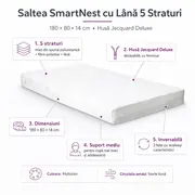 Saltea SmartNest Cu Lana 5 Straturi 180 X 80 x 14 Cm, Husa Jacquard Deluxe - ASC6427968007768