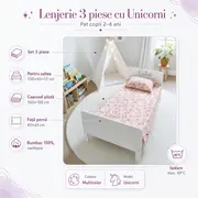 Lenjerie 3 piese cu Unicorni pat copii 2-6 ani pentru saltele 130x60 - ASC6427968007973