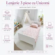 Lenjerie 3 piese cu Unicorni pat copii 2-12 ani pentru saltele 160x80 - ASC6427968007980
