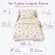 Set 5 piese Lenjerie Forest saltele 140x70 compatibile cu pat 2-8 ani + Pilota + Perna - ASC6427968008017
