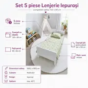 Set 5 piese Lenjerie Iepurasi saltele 160x80 compatibile cu pat 2-12 ani + Pilota + Perna - ASC6427968008154
