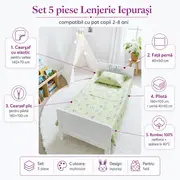Set 5 piese Lenjerie Iepurasi saltele 140x70 compatibile cu pat 2-8 ani + Pilota + Perna - ASC6427968007454