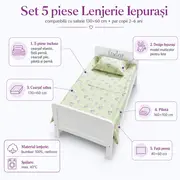Set 5 piese Lenjerie Iepurasi saltele 130x60 compatibile cu pat 2-6 ani + Pilota + Perna - ASC6427968009724
