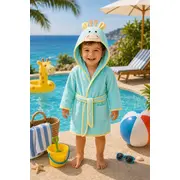 Halat de baie premium, turquoise, animalut brodat, model 3d, ramel 487-3