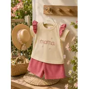 Set 2 piese donino cu broderie florala mama si maneci cu volanase, roz tram40888-1