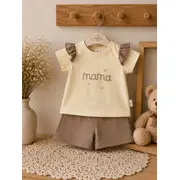 Set 2 piese donino cu broderie florala mama si maneci cu volanase tram40888