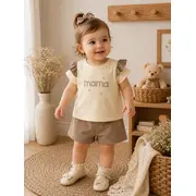 Set 2 piese donino cu broderie florala mama si maneci cu volanase tram40888
