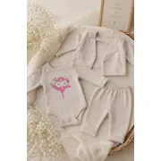 Compleu crem cu broderie, body, pantalonasi si bolero, babyim, bumbac sbs3
