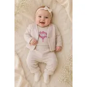 Compleu crem cu broderie, body, pantalonasi si bolero, babyim, bumbac sbs3