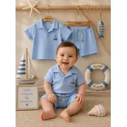Compleu din doua piese, tricou si pantaloni scurti pentru bebelusi, junior class, model alsbs8, bumbac sbs8
