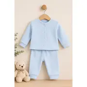Set bebelusi din 2 piese bumbac rib &ndash; bluza cu capse si pantaloni, culoare bleu tram0004-cp1-2