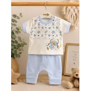 Set din doua piese pentru bebelusi, bumbac, maimutica brodata, babyim, bleu tram1-10
