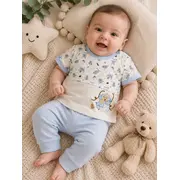 Set din doua piese pentru bebelusi, bumbac, maimutica brodata, babyim, bleu tram1-10
