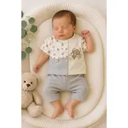 Set din doua piese pentru bebelusi, bumbac, maimutica brodata, babyim, gri tram1-4