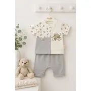 Set din doua piese pentru bebelusi, bumbac, maimutica brodata, babyim, gri tram1-4