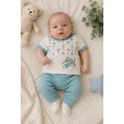 Set din doua piese pentru bebelusi, bumbac, maimutica brodata, babyim tram1-3