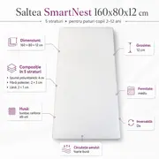 Saltea SmartNest 160x80x12 cm in 5 straturi pentru paturi copii 2-12 ani, husa bumbac ranforce alb uni - ASC6427968020590