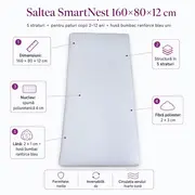 Saltea SmartNest 160x80x12 cm in 5 straturi pentru paturi copii 2-12 ani, husa bumbac ranforce bleu uni - ASC6427968020606