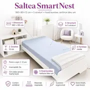 Saltea SmartNest 160x80x12 cm in 5 straturi pentru paturi copii 2-12 ani, husa bumbac ranforce bleu uni - ASC6427968020606