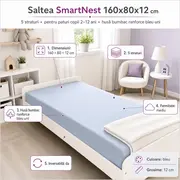 Saltea SmartNest 160x80x12 cm in 5 straturi pentru paturi copii 2-12 ani, husa bumbac ranforce bleu uni - ASC6427968020606
